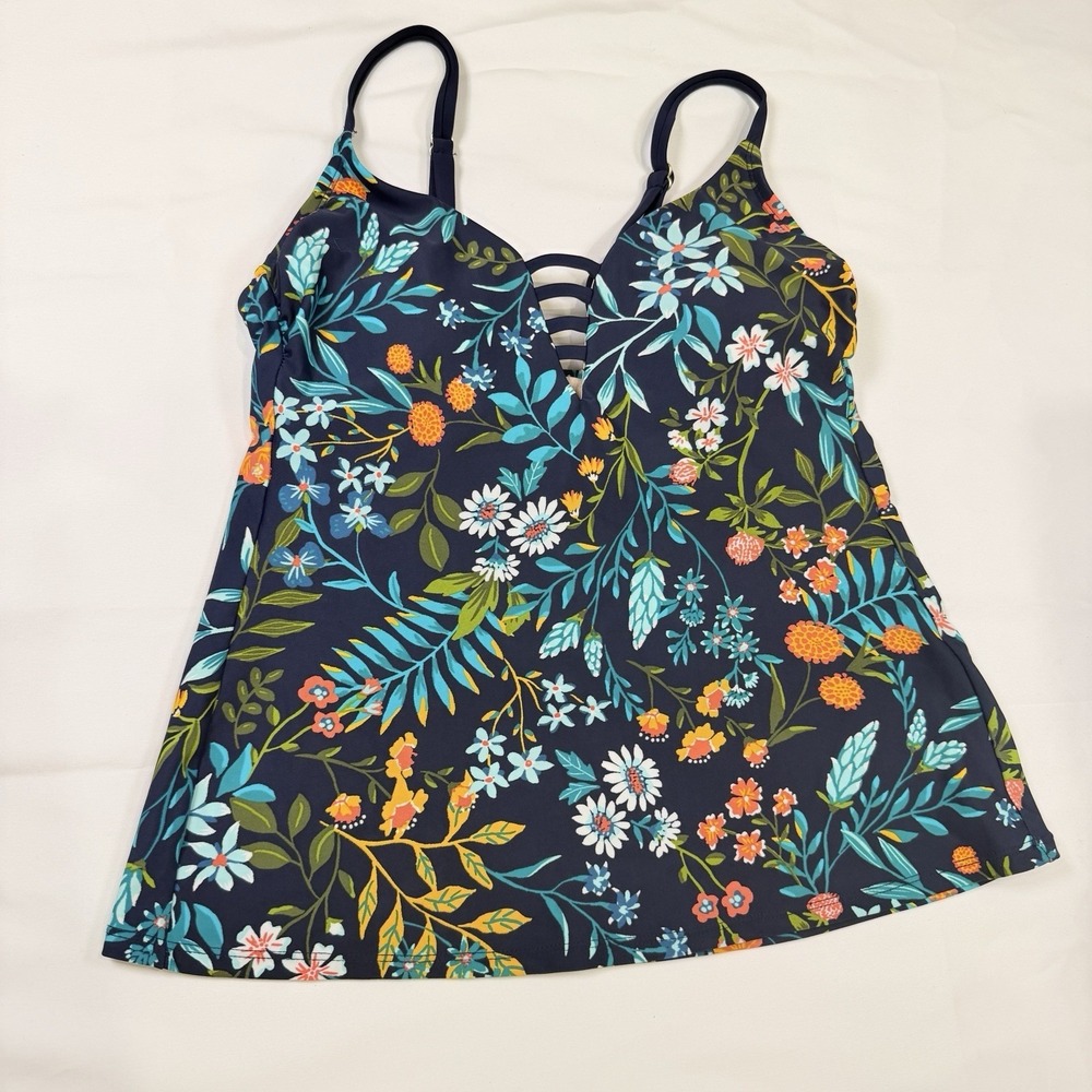 Kona Sol Tankini Swimsuit Top M Floral Blue Navy Orange White Green Beach Straps